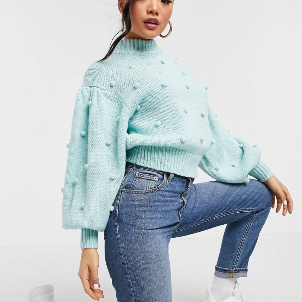 ASOS DESIGN Petite Sweater with volume puff sleeve and pin detail in mint blue